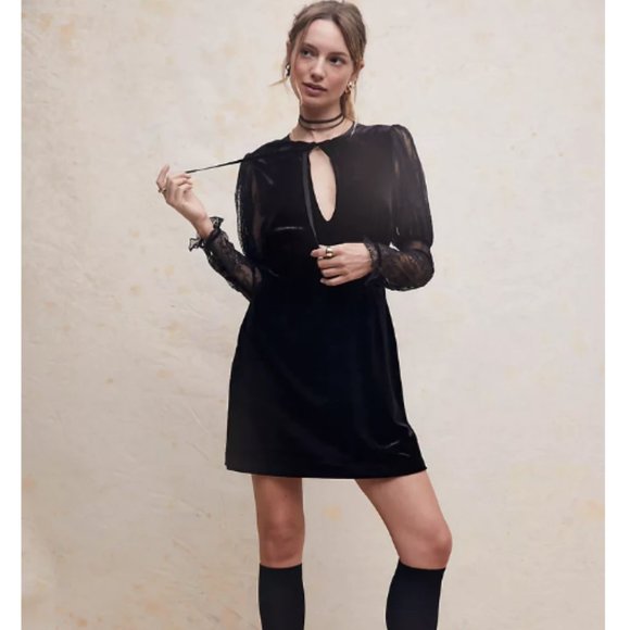 Free People Dresses & Skirts - FREE PEOPLE Midnight Hour Velvet Lace Keyhole Neck Long Sleeve Mi…